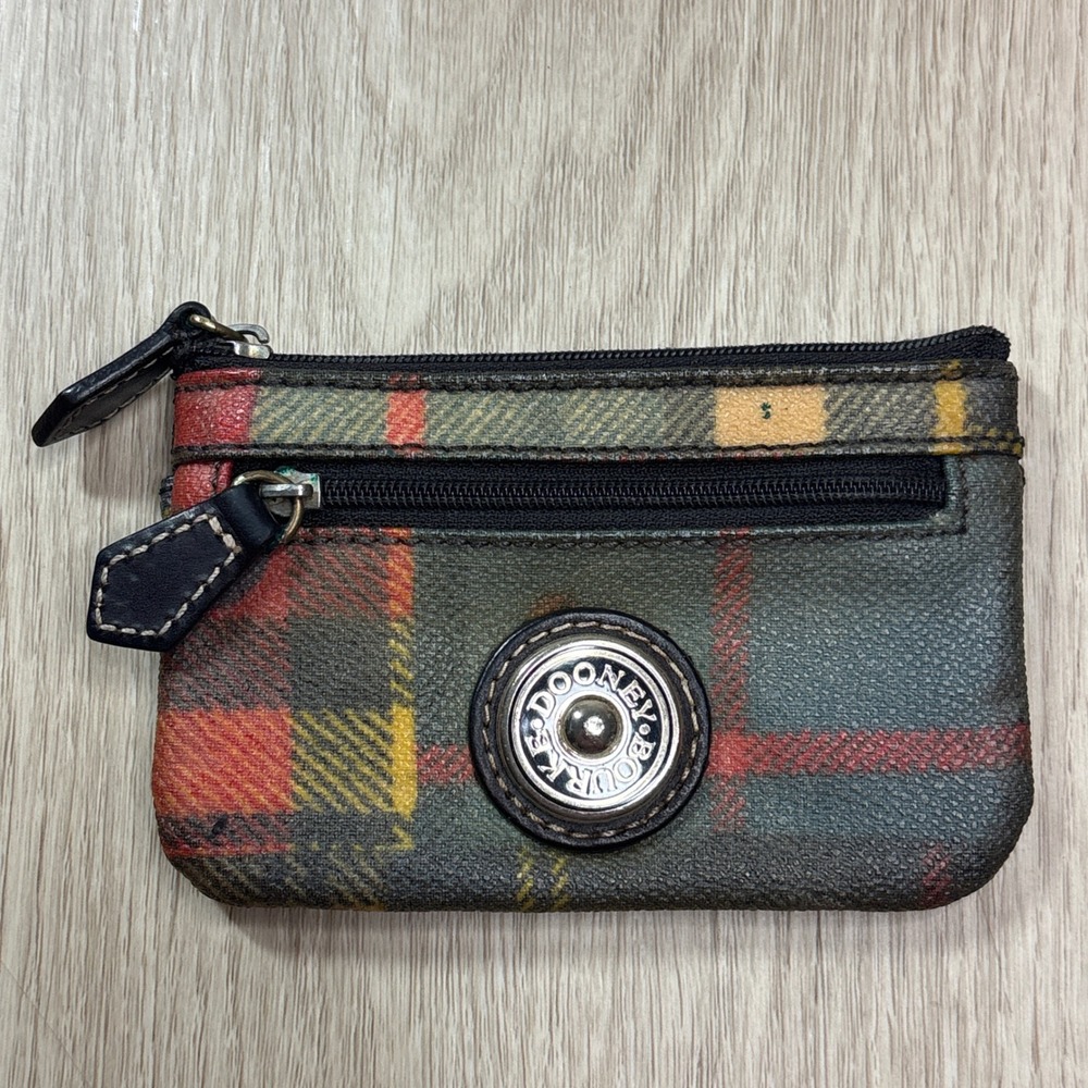 Dooney & Bourke Plaid Coated Canvas Coin Purse Key Ring Wallet Green Red Tartan